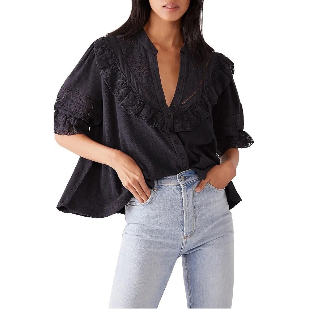 Free People Walk In The Park Cotton Ruffle Lace Top - Off-Black - M